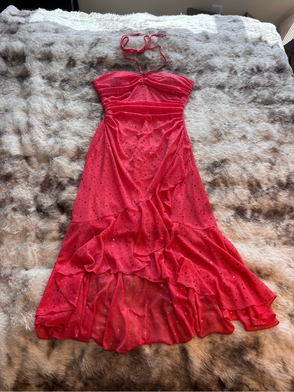 Vintage Y2K City Triangles Hot Pink Strapless Ruffle High-Low Maxi Dress